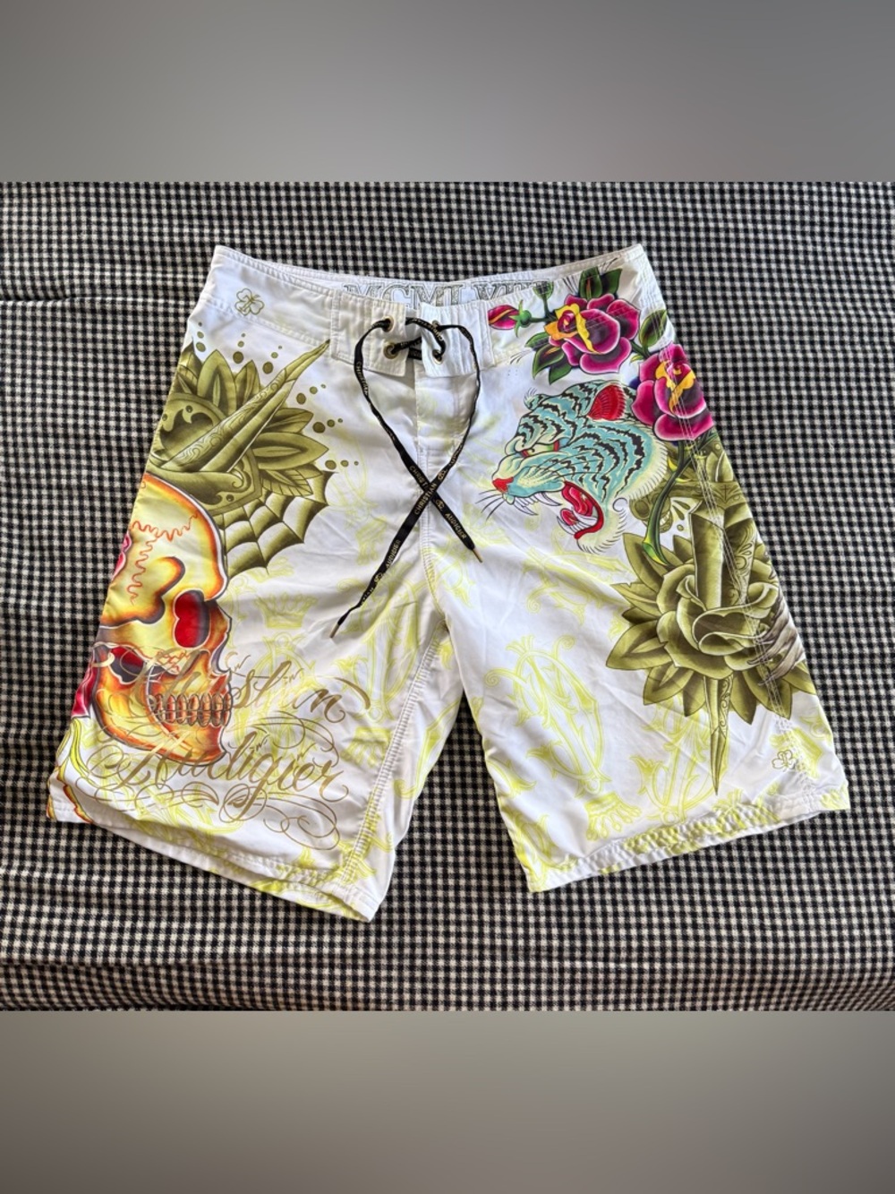 Christian Audigier Tattoo-Print Ed Hardy Board Shorts with Skull/Tiger Y2K! 💀